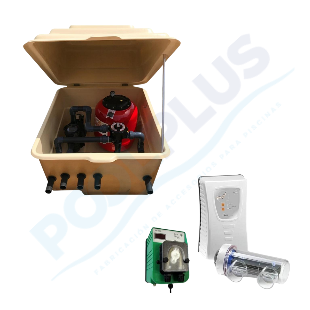 Compacto caseta depuradora 500 PISCINA Semi-Enterrado Montado + Clorador Salino Idegis + Controlador PH Dosatech