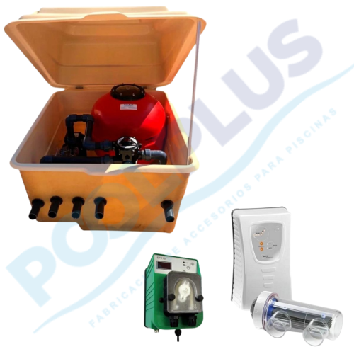 Kompakte Wasseraufbereitungskabine 500 Astralpool Semi-Buried Mounted + Idegis Salt Chlorinator + Dosatech PH Controller