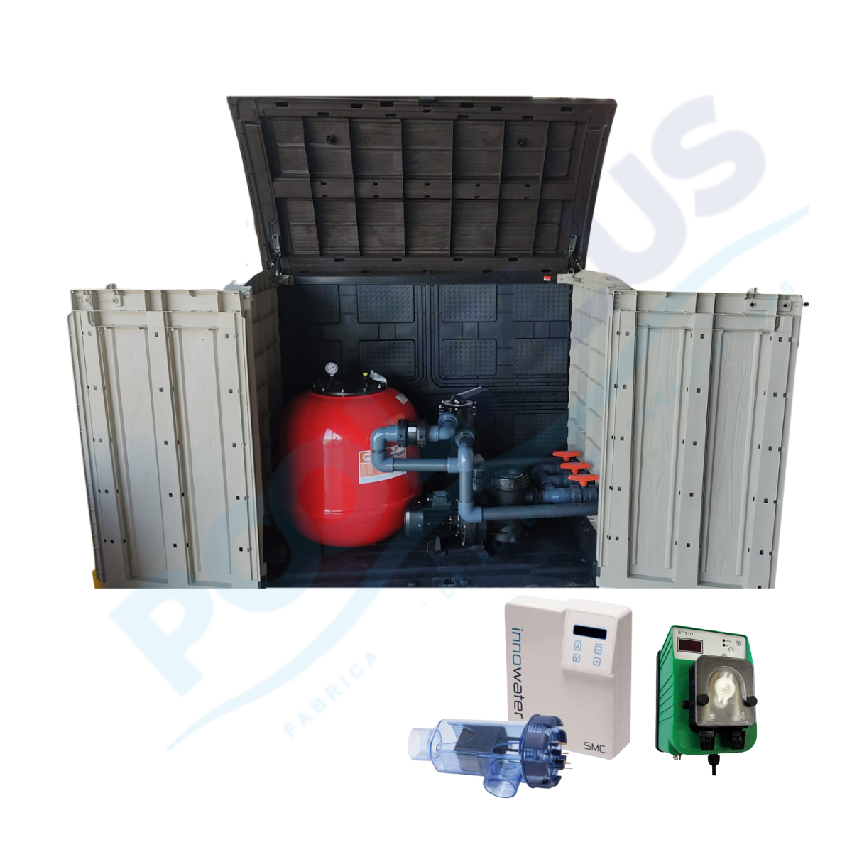 Cabine de tratamento de água compacta 600 superfície Alaska + Innowater Salt Chlorinator e Dosatech pH Pump